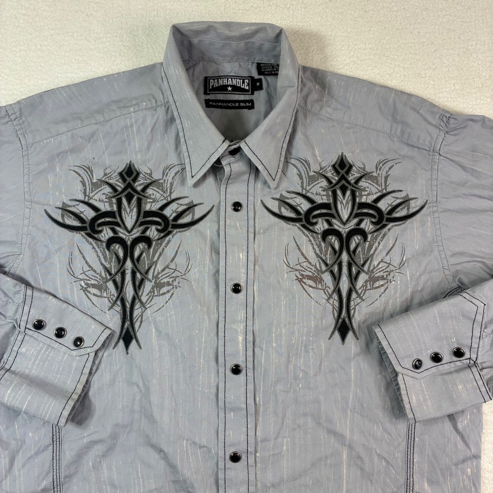 Panhandle Slim Pearl‎ Snap Button Shirt Mens Medium Gray Black Cross Y2K Western